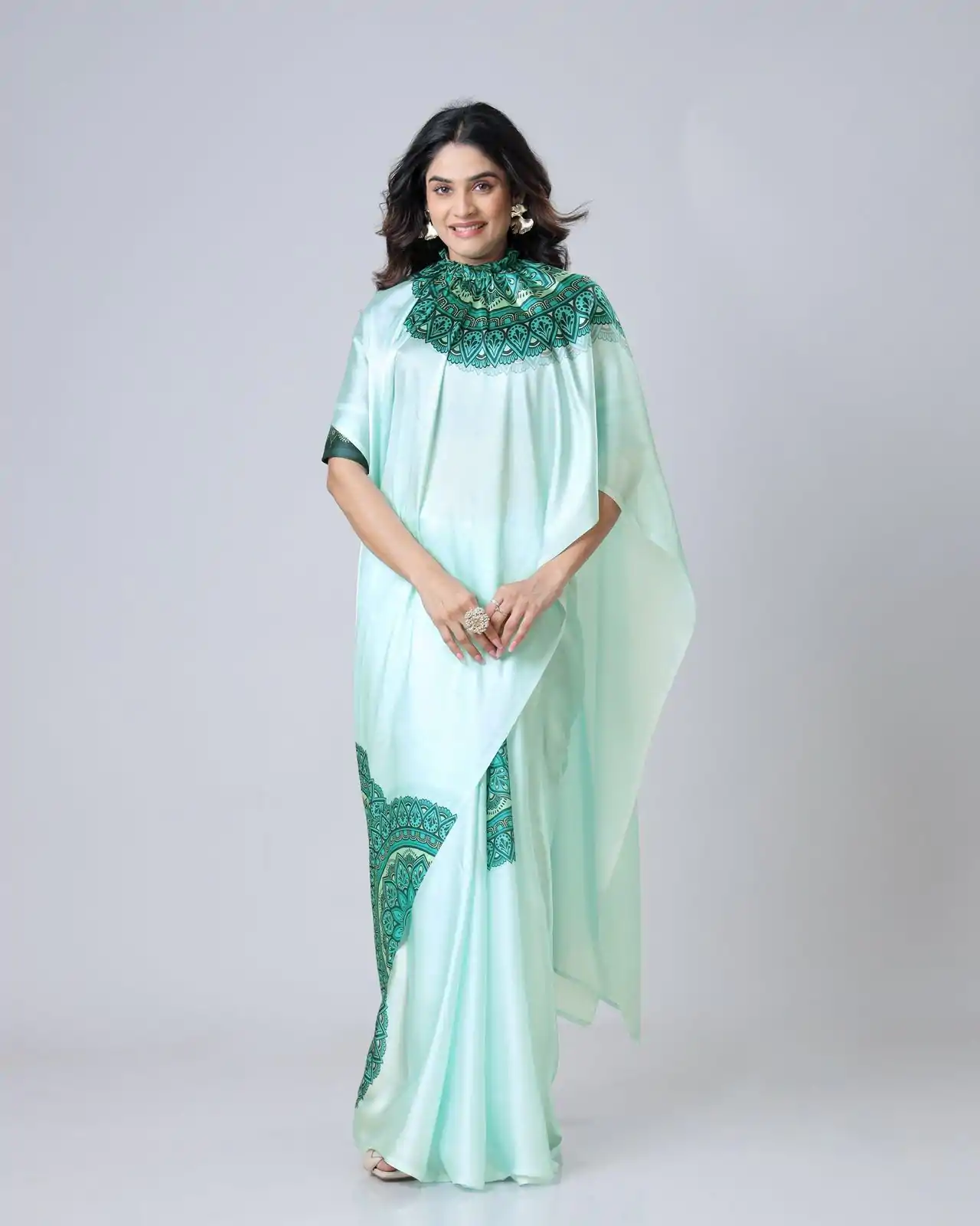 ST 1102B Sea Green Color Japan Satin Digital Print Work Saree Casual, Wedding, Festive, Events . Expected Delivery  4-6 Working Days @1849/- only      | Designer Sarees, Embroidered Sarees, Sarees, Bollywood Sarees, Creative Sarees, Ethnic Saree, Modern Digital sarees, Party Wear Sarees