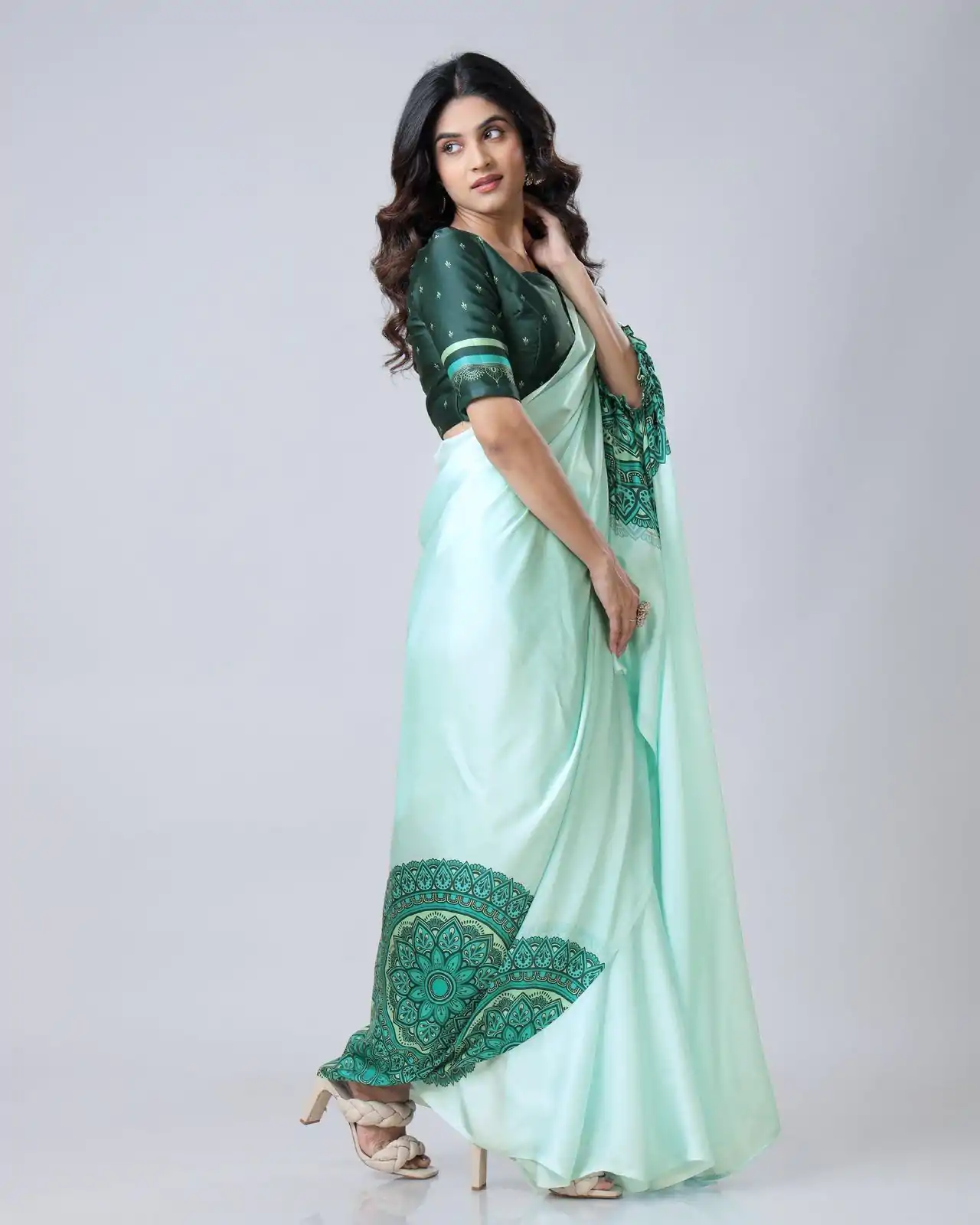 ST 1102B Sea Green Color Japan Satin Digital Print Work Saree Casual, Wedding, Festive, Events . Expected Delivery  4-6 Working Days @1849/- only      | Designer Sarees, Embroidered Sarees, Sarees, Bollywood Sarees, Creative Sarees, Ethnic Saree, Modern Digital sarees, Party Wear Sarees
