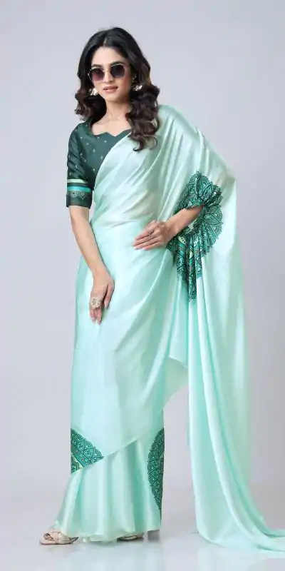 ST 1102B Sea Green Color Japan Satin Digital Print Work Saree Casual, Wedding, Festive, Events . Expected Delivery  4-6 Working Days @1849/- only      | Designer Sarees, Embroidered Sarees, Sarees, Bollywood Sarees, Creative Sarees, Ethnic Saree, Modern Digital sarees, Party Wear Sarees