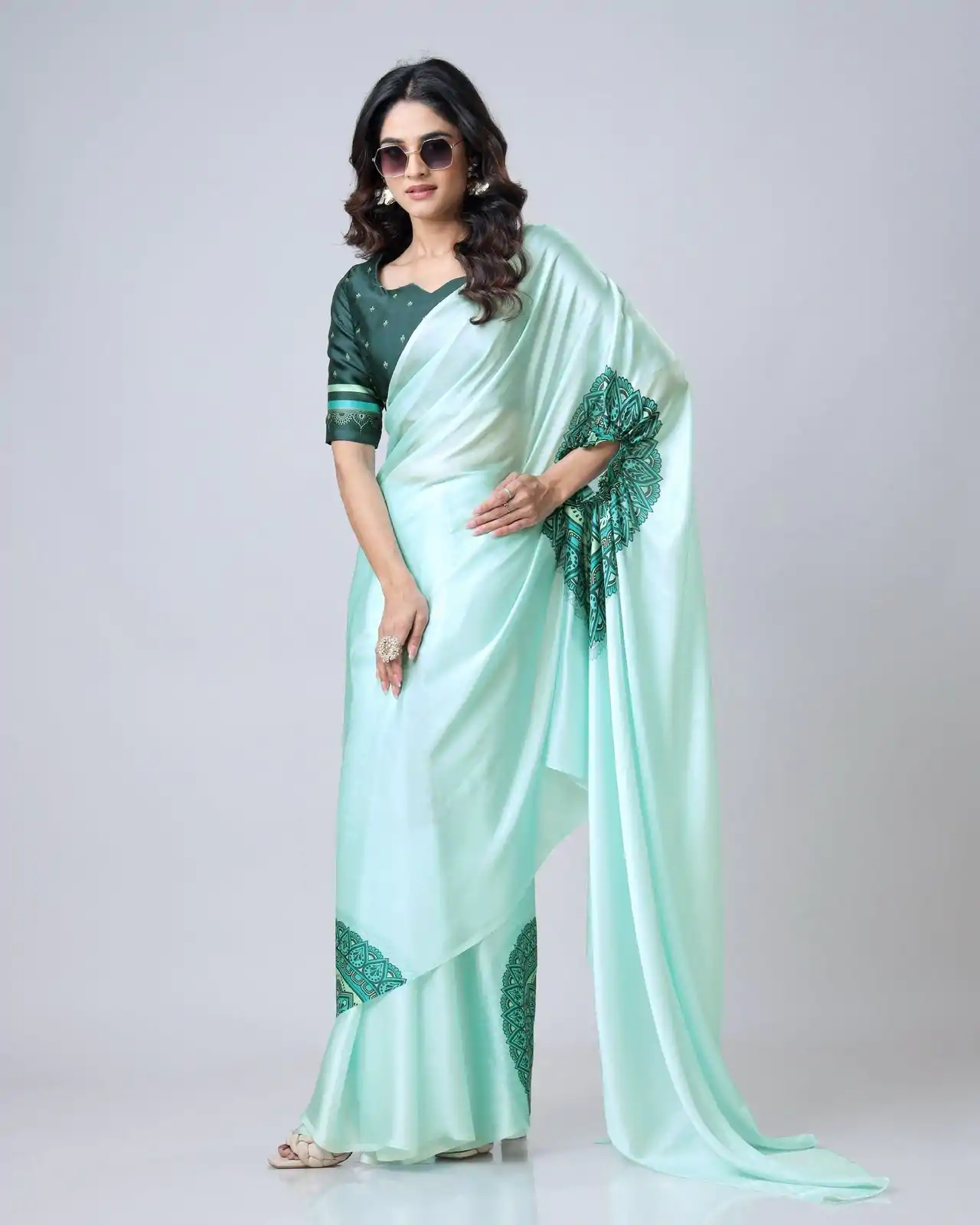 ST 1102B Sea Green Color Japan Satin Digital Print Work Saree Casual, Wedding, Festive, Events . Expected Delivery  4-6 Working Days @1849/- only      | Designer Sarees, Embroidered Sarees, Sarees, Bollywood Sarees, Creative Sarees, Ethnic Saree, Modern Digital sarees, Party Wear Sarees