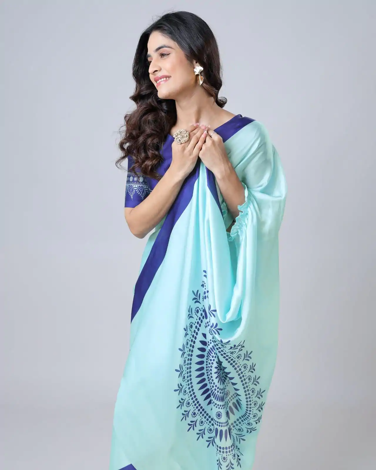 ST 1102B Sky Blue Color Japan Satin Digital Print Work Saree Casual, Wedding, Festive, Events . Expected Delivery  4-6 Working Days @1849/- only      | Designer Sarees, Embroidered Sarees, Sarees, Bollywood Sarees, Creative Sarees, Ethnic Saree, Modern Digital sarees, Party Wear Sarees