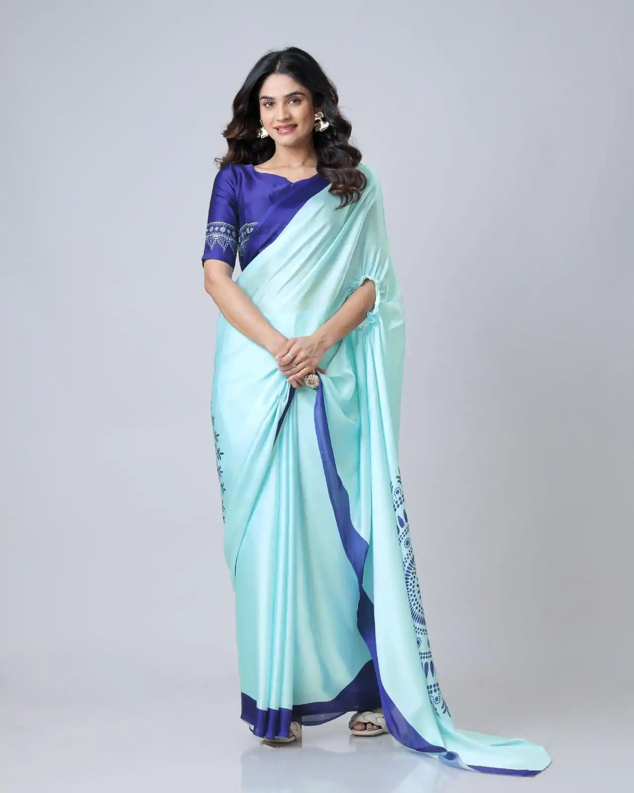 ST 1102B Sky Blue Color Japan Satin Digital Print Work Saree Casual, Wedding, Festive, Events . Expected Delivery  4-6 Working Days @1849/- only      | Designer Sarees, Embroidered Sarees, Sarees, Bollywood Sarees, Creative Sarees, Ethnic Saree, Modern Digital sarees, Party Wear Sarees