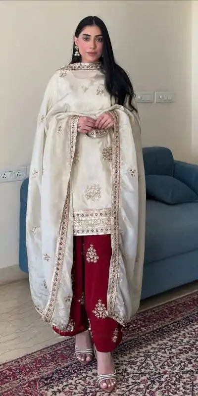 VLM 265 White Color Chinon Silk With Embroidery Work Salwar Suit Casual, Wedding, Party, Festive, Events Etc.4-6 Working Days@ 2049/-only | Casual Suits, Jump Suits, Salwar suit, Creative suits, Designer Suits, Palazzo Suits, Party Wear Suits, Patiala Suits, Straight Suits