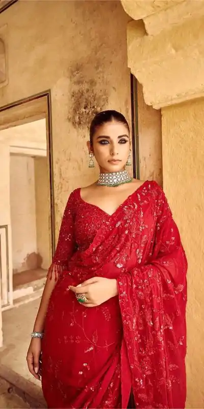 DF 3447 Red Color Georgette Sequins Embroidery work Saree Casual, Wedding, Festive, Events . Expected Delivery  4-6 Working Days @1799/- only                                                                                                                                             | Designer Sarees, Embroidered Sarees, Sarees, Bollywood Sarees, Creative Sarees, Ethnic Saree, Modern Digital sarees, Party Wear Sarees