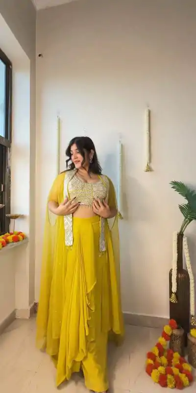 LG 1931 Yellow Color Georgette Sequence Work On Front Dhoti Suit Casual, Wedding, Festive, Events . Expected Delivery 4-6 Working Days @1999/- only | Casual Suits, Jump Suits, Salwar suit, Creative suits, Designer Suits, Palazzo Suits, Party Wear Suits, Patiala Suits, Straight Suits