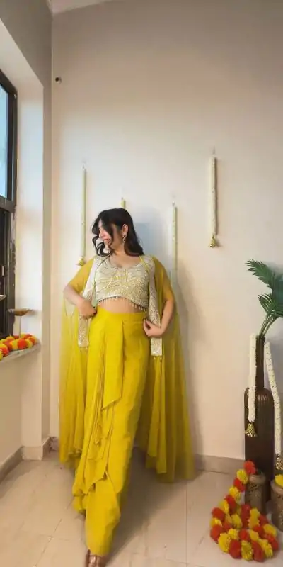 LG 1931 Yellow Color Georgette Sequence Work On Front Dhoti Suit Casual, Wedding, Festive, Events . Expected Delivery 4-6 Working Days @1999/- only | Casual Suits, Jump Suits, Salwar suit, Creative suits, Designer Suits, Palazzo Suits, Party Wear Suits, Patiala Suits, Straight Suits
