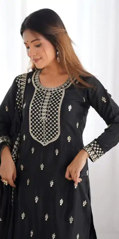 KB 282 Black Color Chinon Silk Embroidery With Jari Work Salwar Suit Casual, Wedding, Festive, Events . Expected Delivery  4-6 Working Days @1949/- only      | Casual Suits, Jump Suits, Salwar suit, Creative suits, Designer Suits, Palazzo Suits, Party Wear Suits, Patiala Suits, Straight Suits