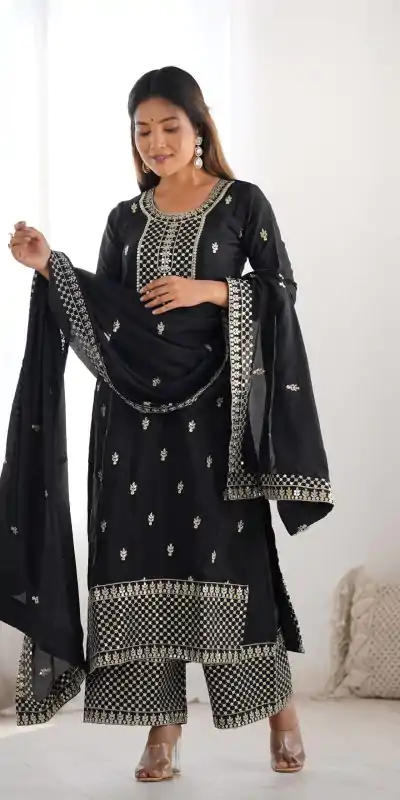 KB 282 Black Color Chinon Silk Embroidery With Jari Work Salwar Suit Casual, Wedding, Festive, Events . Expected Delivery  4-6 Working Days @1949/- only      | Casual Suits, Jump Suits, Salwar suit, Creative suits, Designer Suits, Palazzo Suits, Party Wear Suits, Patiala Suits, Straight Suits