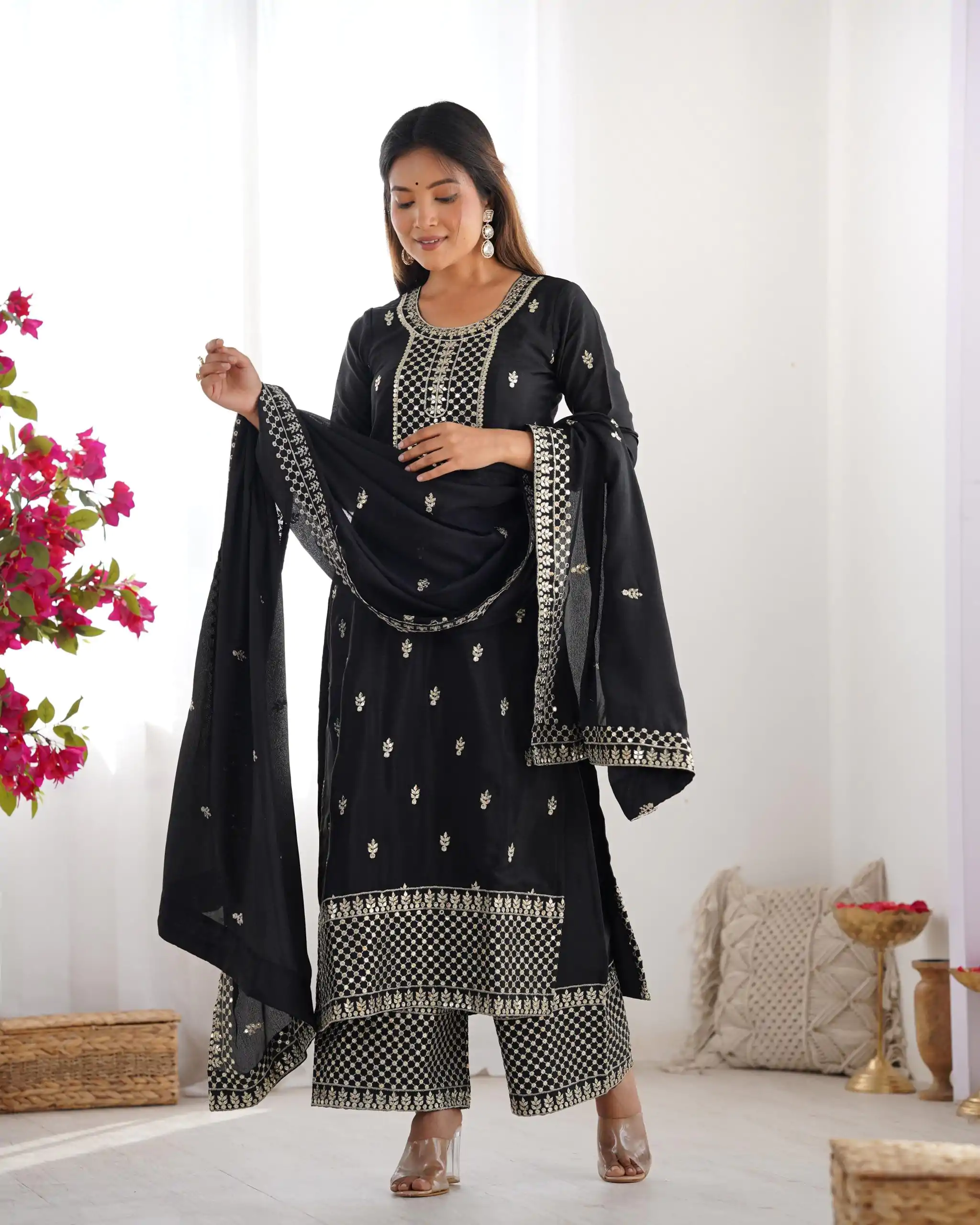 KB 282 Black Color Chinon Silk Embroidery With Jari Work Salwar Suit Casual, Wedding, Festive, Events . Expected Delivery  4-6 Working Days @1949/- only      | Casual Suits, Jump Suits, Salwar suit, Creative suits, Designer Suits, Palazzo Suits, Party Wear Suits, Patiala Suits, Straight Suits