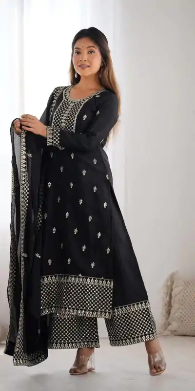 KB 282 Black Color Chinon Silk Embroidery With Jari Work Salwar Suit Casual, Wedding, Festive, Events . Expected Delivery  4-6 Working Days @1949/- only      | Casual Suits, Jump Suits, Salwar suit, Creative suits, Designer Suits, Palazzo Suits, Party Wear Suits, Patiala Suits, Straight Suits