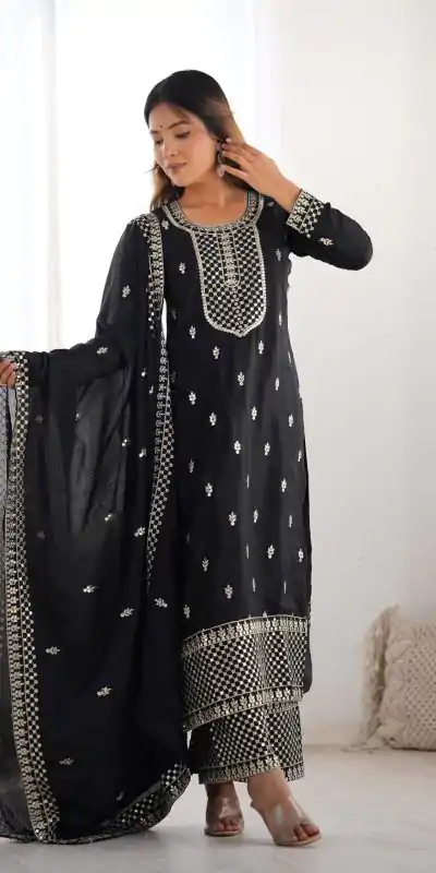 KB 282 Black Color Chinon Silk Embroidery With Jari Work Salwar Suit Casual, Wedding, Festive, Events . Expected Delivery  4-6 Working Days @1949/- only      | Casual Suits, Jump Suits, Salwar suit, Creative suits, Designer Suits, Palazzo Suits, Party Wear Suits, Patiala Suits, Straight Suits
