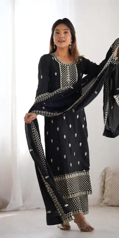KB 282 Black Color Chinon Silk Embroidery With Jari Work Salwar Suit Casual, Wedding, Festive, Events . Expected Delivery  4-6 Working Days @1949/- only      | Casual Suits, Jump Suits, Salwar suit, Creative suits, Designer Suits, Palazzo Suits, Party Wear Suits, Patiala Suits, Straight Suits