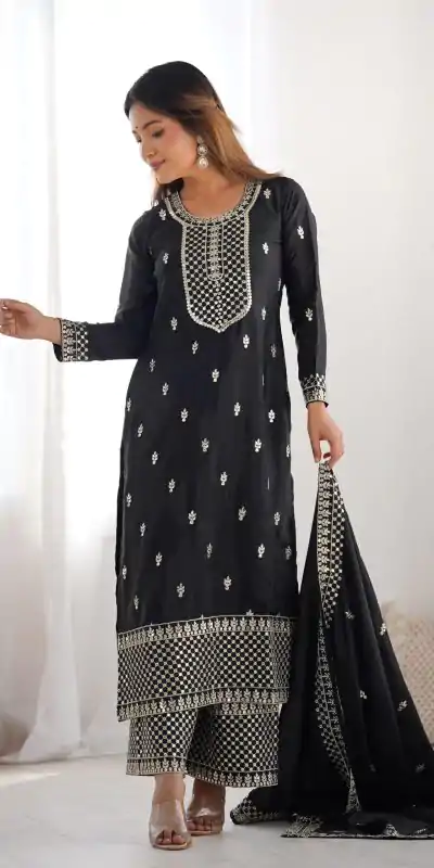 KB 282 Black Color Chinon Silk Embroidery With Jari Work Salwar Suit Casual, Wedding, Festive, Events . Expected Delivery  4-6 Working Days @1949/- only      | Casual Suits, Jump Suits, Salwar suit, Creative suits, Designer Suits, Palazzo Suits, Party Wear Suits, Patiala Suits, Straight Suits