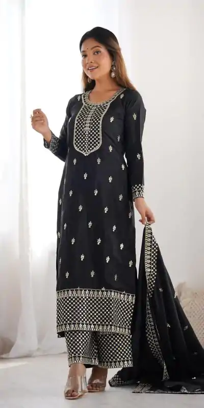 KB 282 Black Color Chinon Silk Embroidery With Jari Work Salwar Suit Casual, Wedding, Festive, Events . Expected Delivery  4-6 Working Days @1949/- only      | Casual Suits, Jump Suits, Salwar suit, Creative suits, Designer Suits, Palazzo Suits, Party Wear Suits, Patiala Suits, Straight Suits