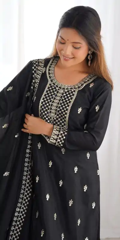 KB 282 Black Color Chinon Silk Embroidery With Jari Work Salwar Suit Casual, Wedding, Festive, Events . Expected Delivery  4-6 Working Days @1949/- only      | Casual Suits, Jump Suits, Salwar suit, Creative suits, Designer Suits, Palazzo Suits, Party Wear Suits, Patiala Suits, Straight Suits