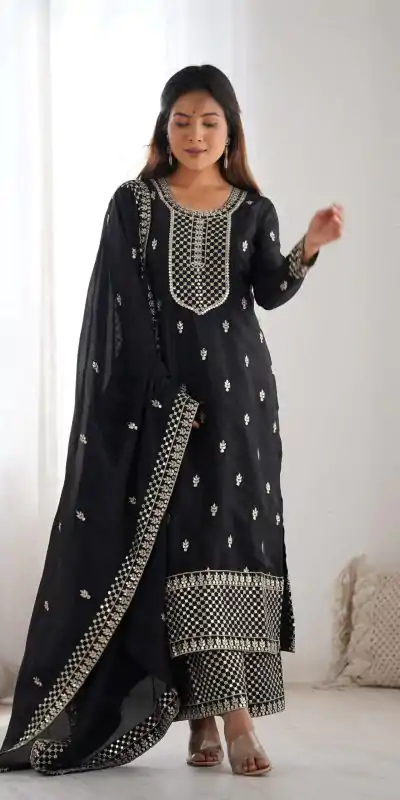 KB 282 Black Color Chinon Silk Embroidery With Jari Work Salwar Suit Casual, Wedding, Festive, Events . Expected Delivery  4-6 Working Days @1949/- only      | Casual Suits, Jump Suits, Salwar suit, Creative suits, Designer Suits, Palazzo Suits, Party Wear Suits, Patiala Suits, Straight Suits
