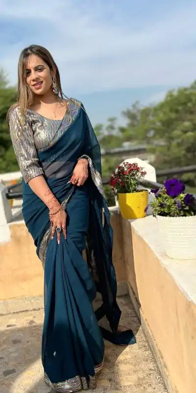 JR 579 Peacock Blue Color Georgette Sequence Work Lace Saree Casual, Wedding, Festive, Events . Expected Delivery  4-6 Working Days @1599/- only                                                                                                                                             | Designer Sarees, Embroidered Sarees, Sarees, Bollywood Sarees, Creative Sarees, Ethnic Saree, Modern Digital sarees, Party Wear Sarees