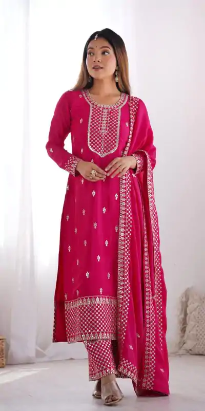 KB 282 Pink Color Chinon Silk Embroidery Jari Work Salwar Suit Casual, Wedding, Festive, Events . Expected Delivery  4-6 Working Days @1949/- only      | Casual Suits, Jump Suits, Salwar suit, Creative suits, Designer Suits, Palazzo Suits, Party Wear Suits, Patiala Suits, Straight Suits