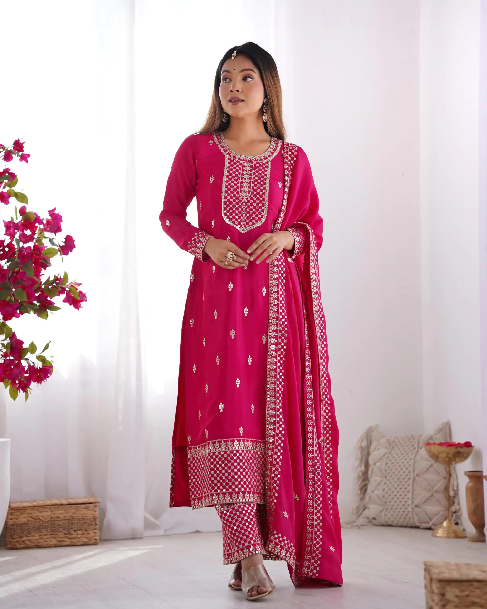 KB 282 Pink Color Chinon Silk Embroidery Jari Work Salwar Suit Casual, Wedding, Festive, Events . Expected Delivery  4-6 Working Days @1949/- only      | Casual Suits, Jump Suits, Salwar suit, Creative suits, Designer Suits, Palazzo Suits, Party Wear Suits, Patiala Suits, Straight Suits