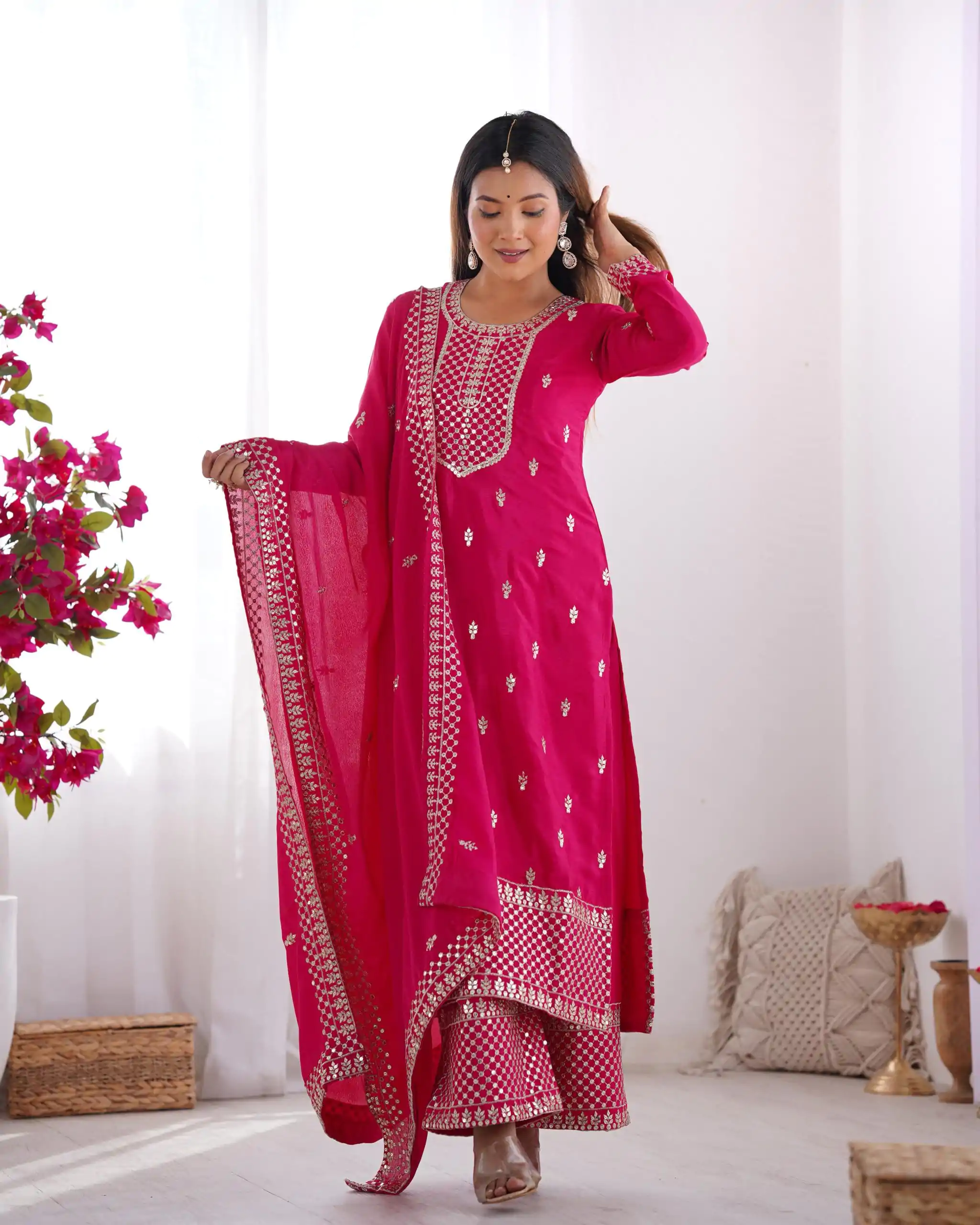 KB 282 Pink Color Chinon Silk Embroidery Jari Work Salwar Suit Casual, Wedding, Festive, Events . Expected Delivery  4-6 Working Days @1949/- only      | Casual Suits, Jump Suits, Salwar suit, Creative suits, Designer Suits, Palazzo Suits, Party Wear Suits, Patiala Suits, Straight Suits