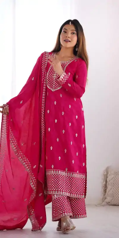 KB 282 Pink Color Chinon Silk Embroidery Jari Work Salwar Suit Casual, Wedding, Festive, Events . Expected Delivery  4-6 Working Days @1949/- only      | Casual Suits, Jump Suits, Salwar suit, Creative suits, Designer Suits, Palazzo Suits, Party Wear Suits, Patiala Suits, Straight Suits