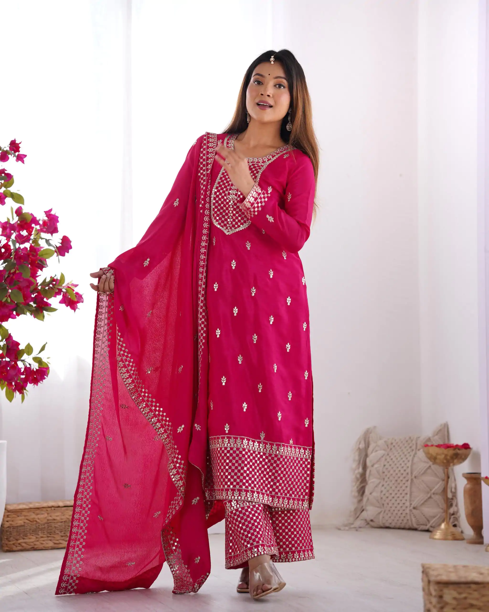 KB 282 Pink Color Chinon Silk Embroidery Jari Work Salwar Suit Casual, Wedding, Festive, Events . Expected Delivery  4-6 Working Days @1949/- only      | Casual Suits, Jump Suits, Salwar suit, Creative suits, Designer Suits, Palazzo Suits, Party Wear Suits, Patiala Suits, Straight Suits
