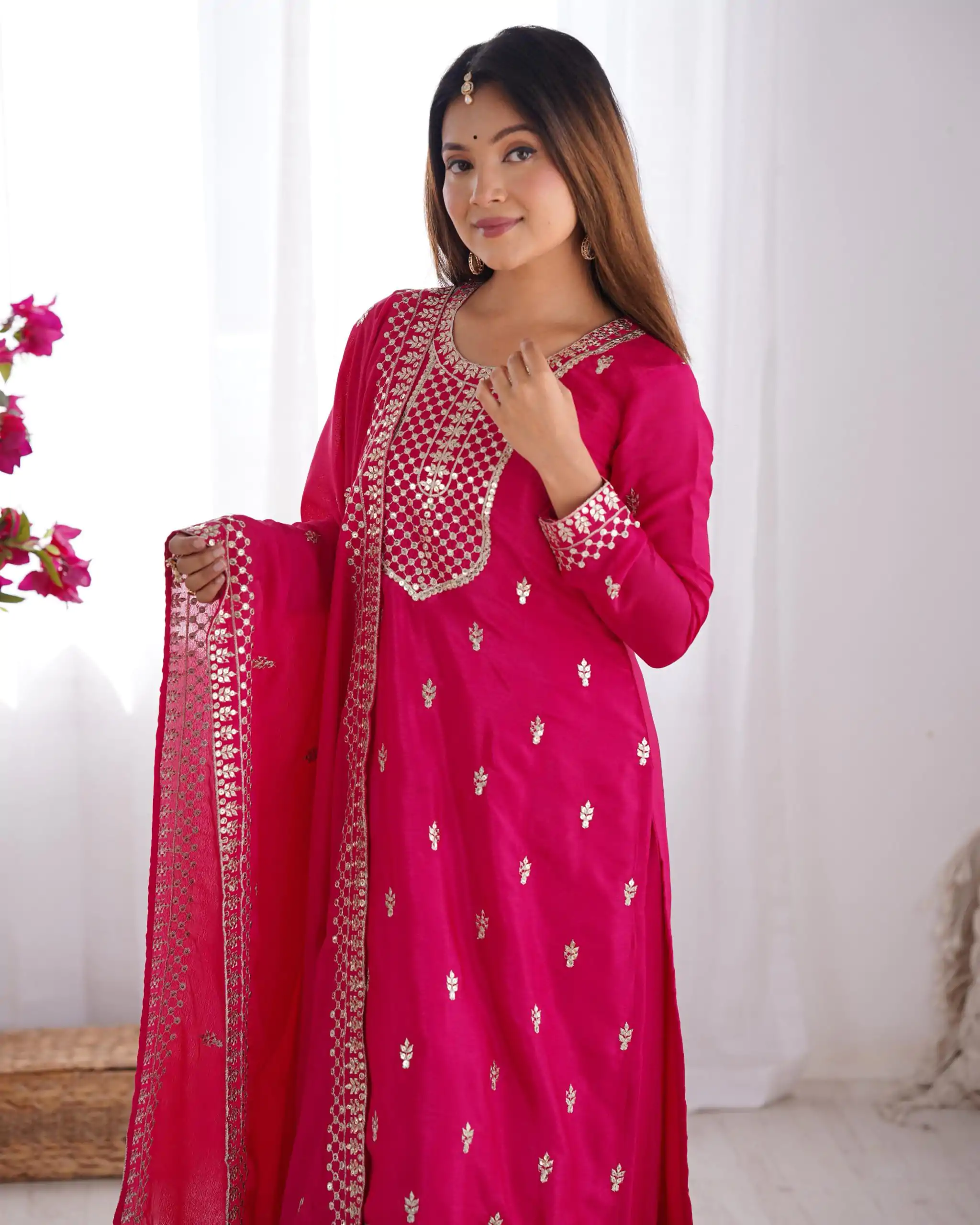 KB 282 Pink Color Chinon Silk Embroidery Jari Work Salwar Suit Casual, Wedding, Festive, Events . Expected Delivery  4-6 Working Days @1949/- only      | Casual Suits, Jump Suits, Salwar suit, Creative suits, Designer Suits, Palazzo Suits, Party Wear Suits, Patiala Suits, Straight Suits