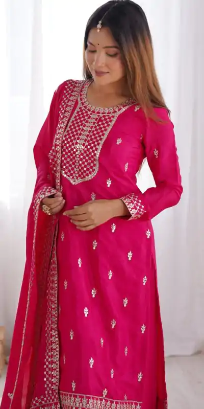 KB 282 Pink Color Chinon Silk Embroidery Jari Work Salwar Suit Casual, Wedding, Festive, Events . Expected Delivery  4-6 Working Days @1949/- only      | Casual Suits, Jump Suits, Salwar suit, Creative suits, Designer Suits, Palazzo Suits, Party Wear Suits, Patiala Suits, Straight Suits