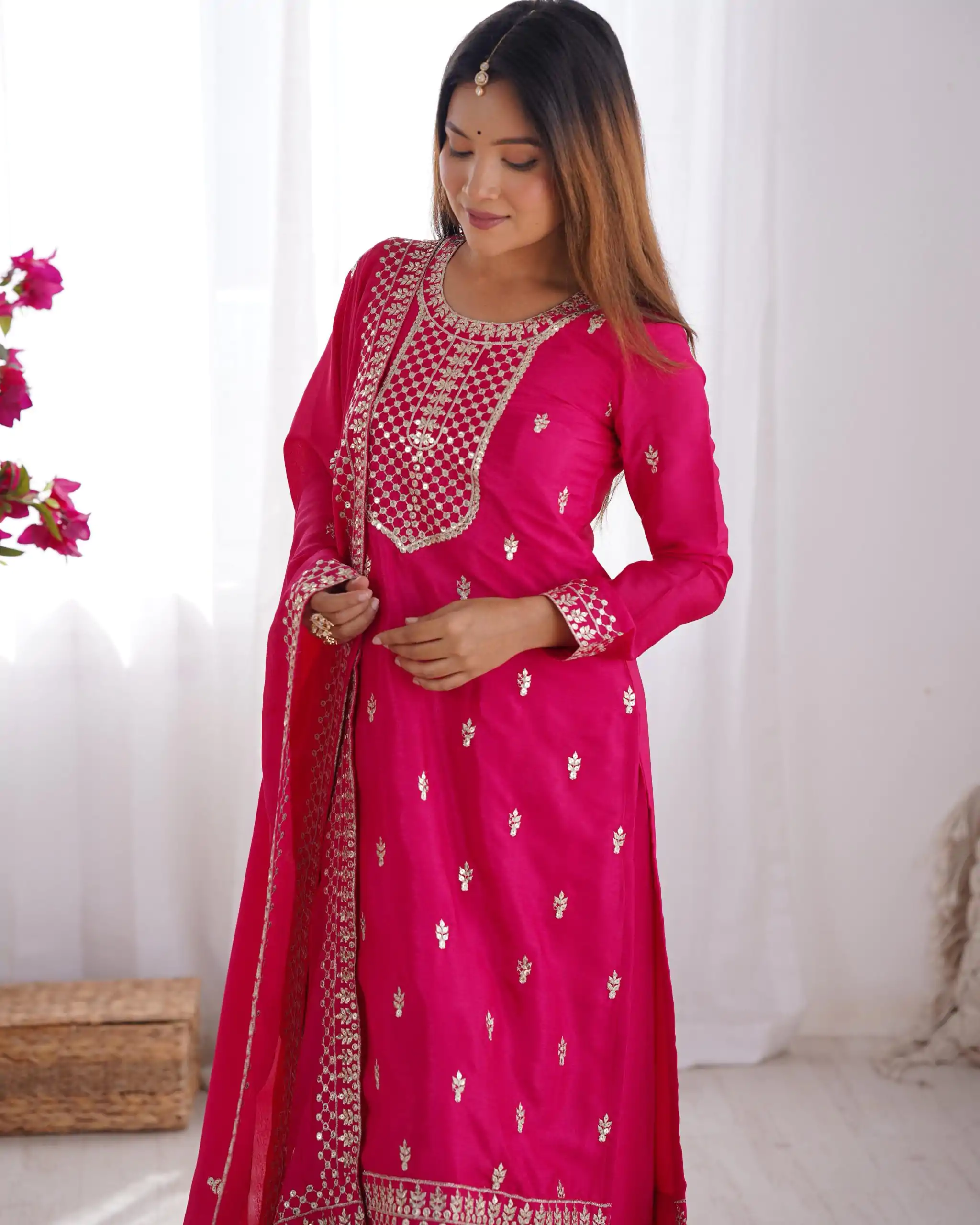 KB 282 Pink Color Chinon Silk Embroidery Jari Work Salwar Suit Casual, Wedding, Festive, Events . Expected Delivery  4-6 Working Days @1949/- only      | Casual Suits, Jump Suits, Salwar suit, Creative suits, Designer Suits, Palazzo Suits, Party Wear Suits, Patiala Suits, Straight Suits