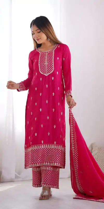 KB 282 Pink Color Chinon Silk Embroidery Jari Work Salwar Suit Casual, Wedding, Festive, Events . Expected Delivery  4-6 Working Days @1949/- only      | Casual Suits, Jump Suits, Salwar suit, Creative suits, Designer Suits, Palazzo Suits, Party Wear Suits, Patiala Suits, Straight Suits