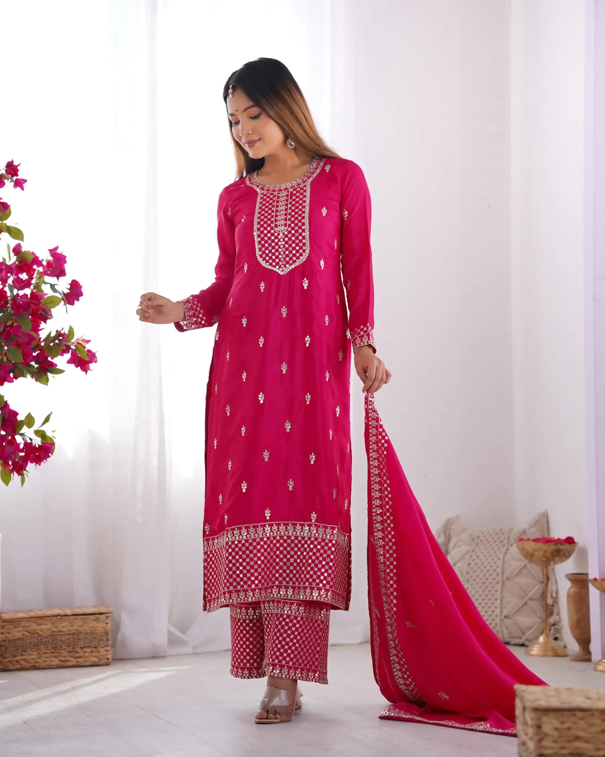 KB 282 Pink Color Chinon Silk Embroidery Jari Work Salwar Suit Casual, Wedding, Festive, Events . Expected Delivery  4-6 Working Days @1949/- only      | Casual Suits, Jump Suits, Salwar suit, Creative suits, Designer Suits, Palazzo Suits, Party Wear Suits, Patiala Suits, Straight Suits