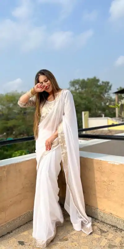 JR 579 White Color Georgette Sequence Work Lace Saree Casual, Wedding, Festive, Events . Expected Delivery  4-6 Working Days @1599/- only                                                                                                                                             | Designer Sarees, Embroidered Sarees, Sarees, Bollywood Sarees, Creative Sarees, Ethnic Saree, Modern Digital sarees, Party Wear Sarees