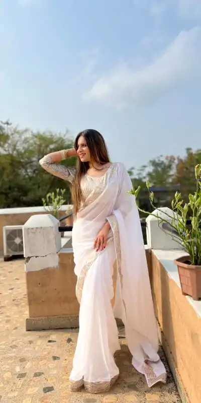 JR 579 White Color Georgette Sequence Work Lace Saree Casual, Wedding, Festive, Events . Expected Delivery  4-6 Working Days @1599/- only                                                                                                                                             | Designer Sarees, Embroidered Sarees, Sarees, Bollywood Sarees, Creative Sarees, Ethnic Saree, Modern Digital sarees, Party Wear Sarees