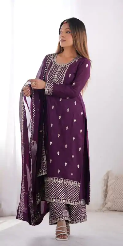 KB 282 Wine Color Chinon Silk Embroidery With Jari Work Salwar Suit Casual, Wedding, Festive, Events . Expected Delivery  4-6 Working Days @1949/- only      | Casual Suits, Jump Suits, Salwar suit, Creative suits, Designer Suits, Palazzo Suits, Party Wear Suits, Patiala Suits, Straight Suits