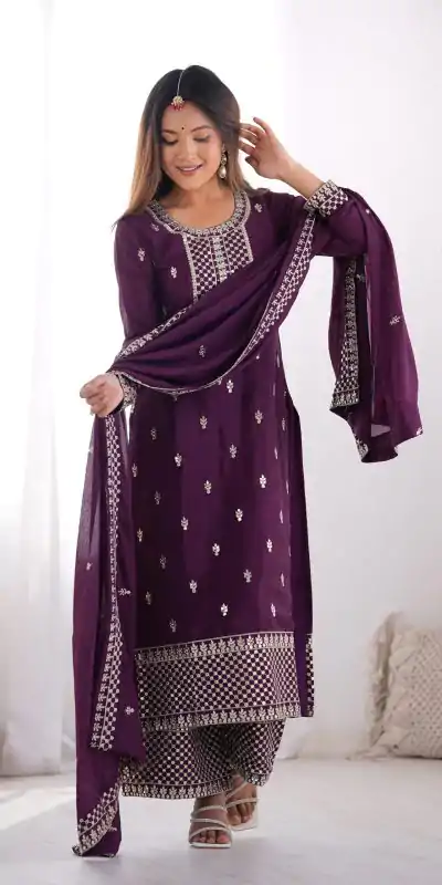 KB 282 Wine Color Chinon Silk Embroidery With Jari Work Salwar Suit Casual, Wedding, Festive, Events . Expected Delivery  4-6 Working Days @1949/- only      | Casual Suits, Jump Suits, Salwar suit, Creative suits, Designer Suits, Palazzo Suits, Party Wear Suits, Patiala Suits, Straight Suits