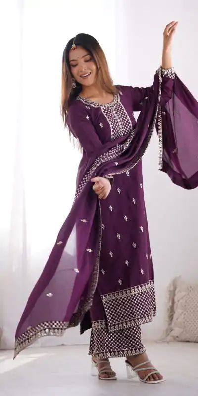 KB 282 Wine Color Chinon Silk Embroidery With Jari Work Salwar Suit Casual, Wedding, Festive, Events . Expected Delivery  4-6 Working Days @1949/- only      | Casual Suits, Jump Suits, Salwar suit, Creative suits, Designer Suits, Palazzo Suits, Party Wear Suits, Patiala Suits, Straight Suits