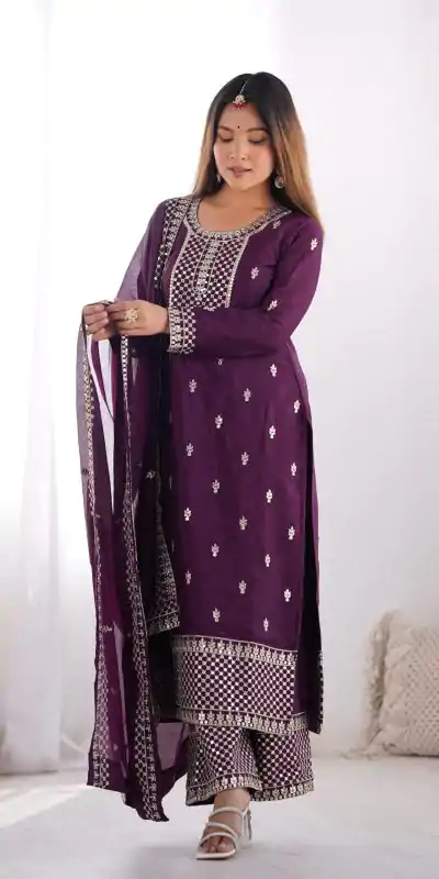 KB 282 Wine Color Chinon Silk Embroidery With Jari Work Salwar Suit Casual, Wedding, Festive, Events . Expected Delivery  4-6 Working Days @1949/- only      | Casual Suits, Jump Suits, Salwar suit, Creative suits, Designer Suits, Palazzo Suits, Party Wear Suits, Patiala Suits, Straight Suits