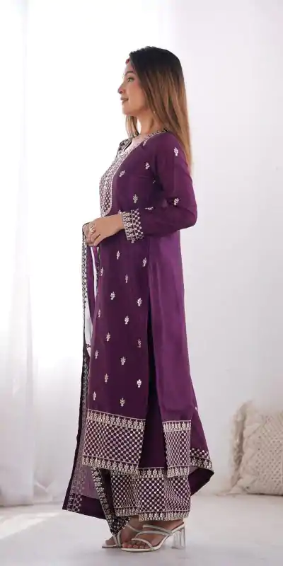 KB 282 Wine Color Chinon Silk Embroidery With Jari Work Salwar Suit Casual, Wedding, Festive, Events . Expected Delivery  4-6 Working Days @1949/- only      | Casual Suits, Jump Suits, Salwar suit, Creative suits, Designer Suits, Palazzo Suits, Party Wear Suits, Patiala Suits, Straight Suits