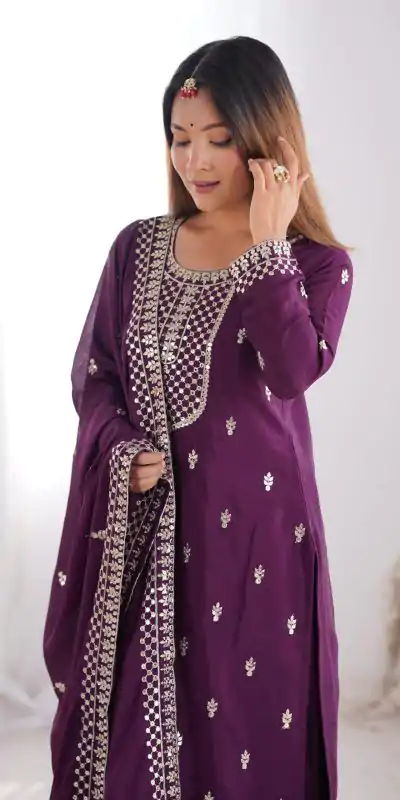 KB 282 Wine Color Chinon Silk Embroidery With Jari Work Salwar Suit Casual, Wedding, Festive, Events . Expected Delivery  4-6 Working Days @1949/- only      | Casual Suits, Jump Suits, Salwar suit, Creative suits, Designer Suits, Palazzo Suits, Party Wear Suits, Patiala Suits, Straight Suits