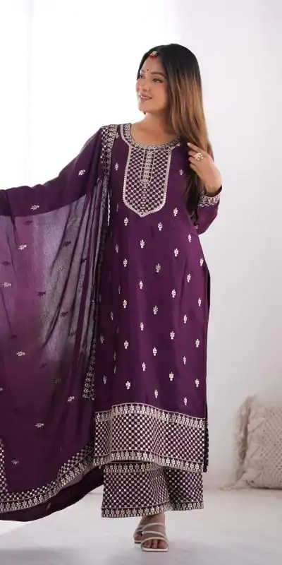 KB 282 Wine Color Chinon Silk Embroidery With Jari Work Salwar Suit Casual, Wedding, Festive, Events . Expected Delivery  4-6 Working Days @1949/- only      | Casual Suits, Jump Suits, Salwar suit, Creative suits, Designer Suits, Palazzo Suits, Party Wear Suits, Patiala Suits, Straight Suits