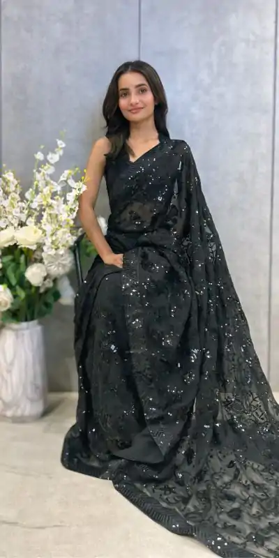 JR 629 Black Color Georgette Sequence Work Saree Casual, Wedding, Festive, Events . Expected Delivery  4-6 Working Days @1749/- only                                                                                                                                           | Designer Sarees, Embroidered Sarees, Sarees, Bollywood Sarees, Creative Sarees, Ethnic Saree, Modern Digital sarees, Party Wear Sarees