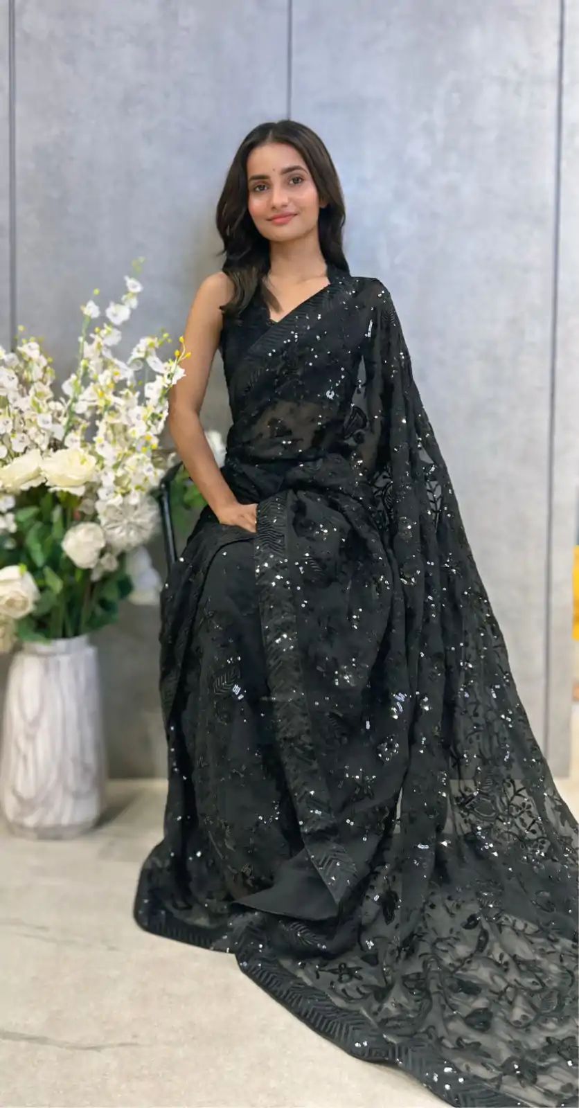 JR 629 Black Color Georgette Sequence Work Saree Casual, Wedding, Festive, Events . Expected Delivery  4-6 Working Days @1749/- only                                                                                                                                           | Designer Sarees, Embroidered Sarees, Sarees, Bollywood Sarees, Creative Sarees, Ethnic Saree, Modern Digital sarees, Party Wear Sarees