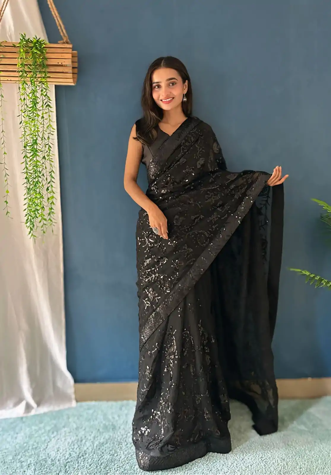 JR 629 Black Color Georgette Sequence Work Saree Casual, Wedding, Festive, Events . Expected Delivery  4-6 Working Days @1749/- only                                                                                                                                           | Designer Sarees, Embroidered Sarees, Sarees, Bollywood Sarees, Creative Sarees, Ethnic Saree, Modern Digital sarees, Party Wear Sarees