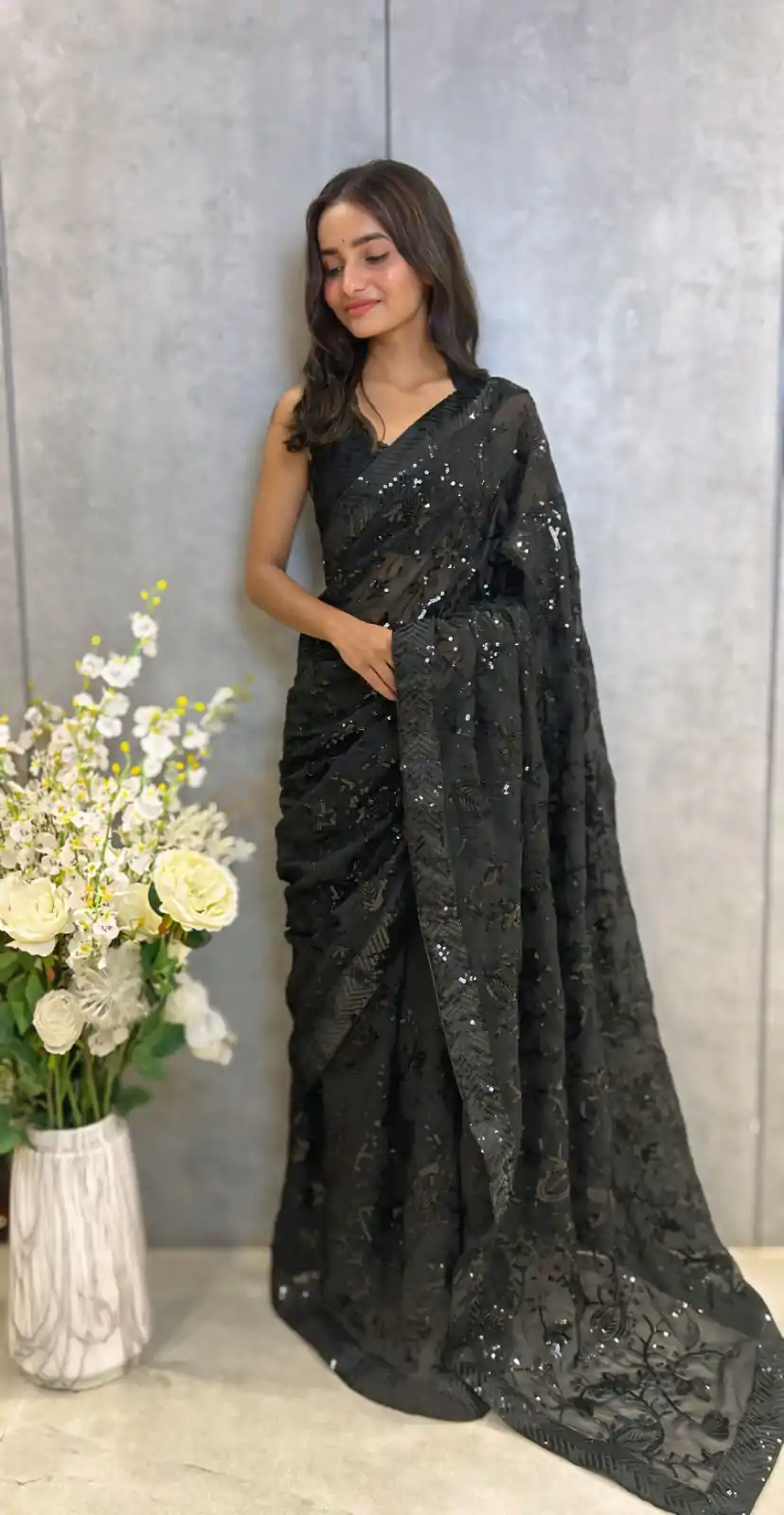 JR 629 Black Color Georgette Sequence Work Saree Casual, Wedding, Festive, Events . Expected Delivery  4-6 Working Days @1749/- only                                                                                                                                           | Designer Sarees, Embroidered Sarees, Sarees, Bollywood Sarees, Creative Sarees, Ethnic Saree, Modern Digital sarees, Party Wear Sarees
