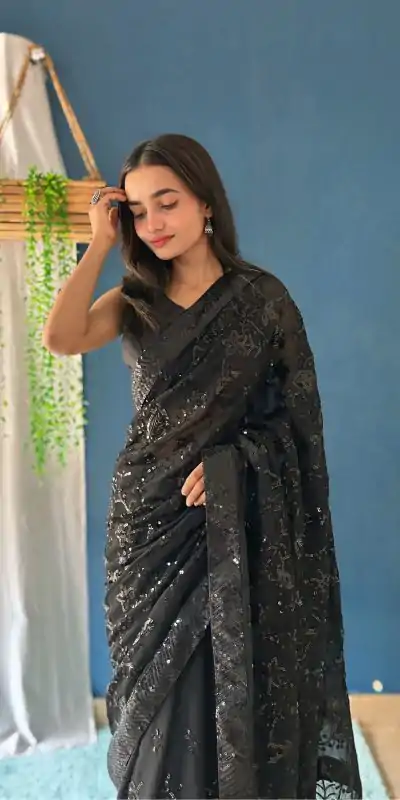 JR 629 Black Color Georgette Sequence Work Saree Casual, Wedding, Festive, Events . Expected Delivery  4-6 Working Days @1749/- only                                                                                                                                           | Designer Sarees, Embroidered Sarees, Sarees, Bollywood Sarees, Creative Sarees, Ethnic Saree, Modern Digital sarees, Party Wear Sarees