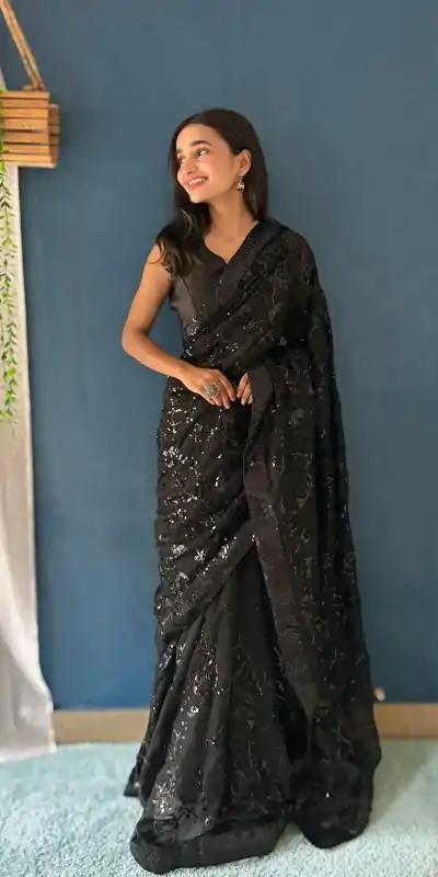 JR 629 Black Color Georgette Sequence Work Saree Casual, Wedding, Festive, Events . Expected Delivery  4-6 Working Days @1749/- only                                                                                                                                           | Designer Sarees, Embroidered Sarees, Sarees, Bollywood Sarees, Creative Sarees, Ethnic Saree, Modern Digital sarees, Party Wear Sarees