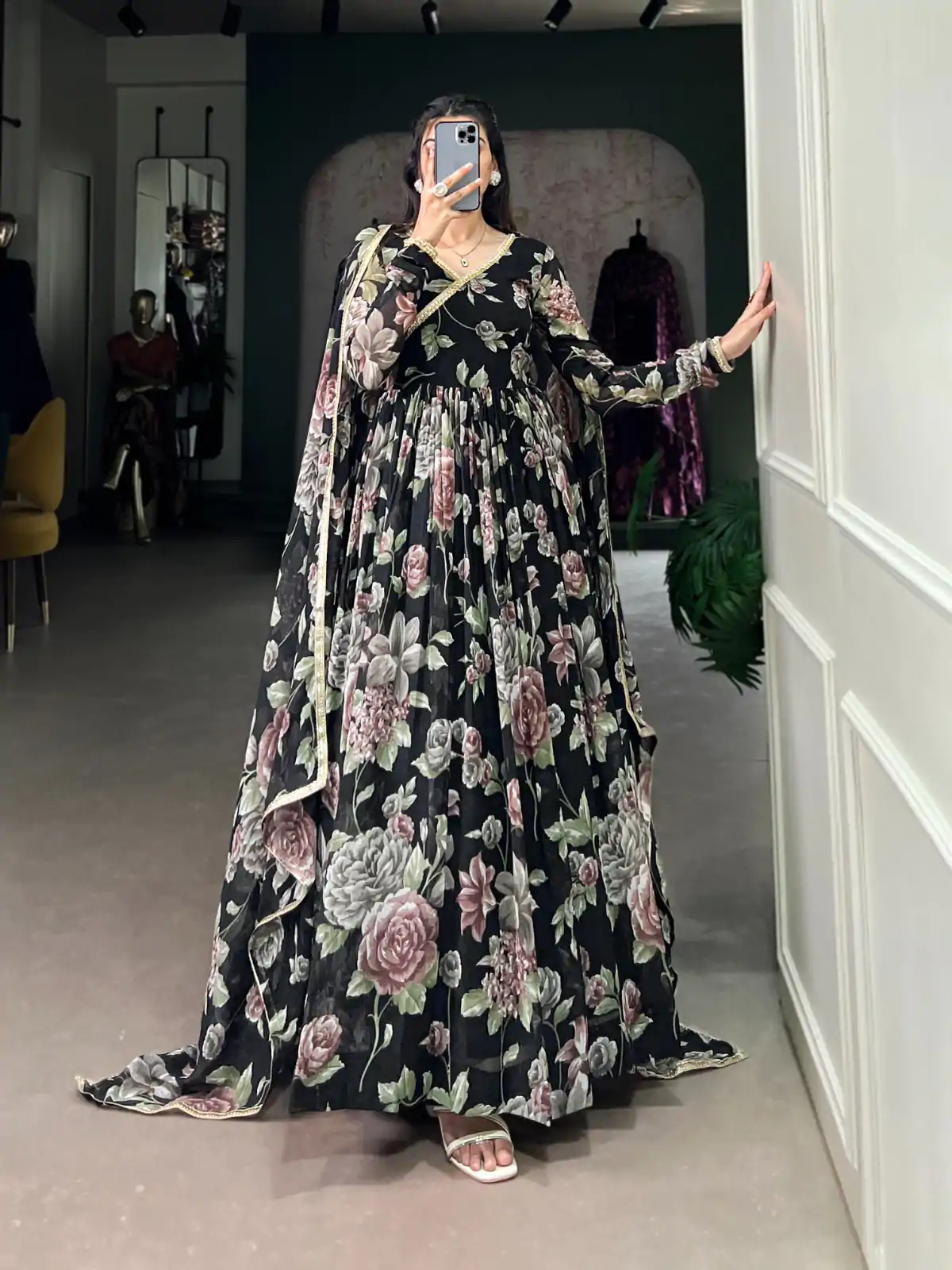 YNF 5103 Black Color Marble Floral Print Lace Touch Up Gown Casual, Wedding, Party, Festive, Events Etc. Expected Delivery 4-6 Working Days @1799/- | Gowns, Bollywood Gowns, Creative Gowns, Designer Gowns, Embroidered Gowns, Party Wear Gowns