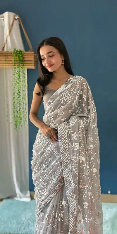JR 629 Grey Color Georgette Sequence Work Saree Casual, Wedding, Festive, Events . Expected Delivery  4-6 Working Days @1749/- only                                                                                                                                           | Designer Sarees, Embroidered Sarees, Sarees, Bollywood Sarees, Creative Sarees, Ethnic Saree, Modern Digital sarees, Party Wear Sarees