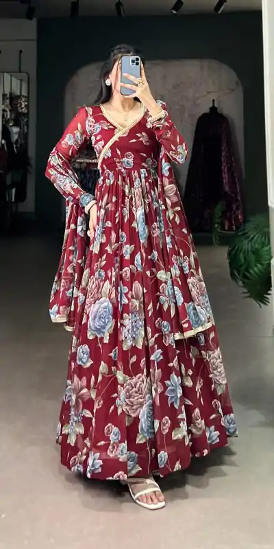YNF 5103 Maroon Color Marble Floral Print Lace Touch Up Gown Casual, Wedding, Party, Festive, Events Etc. Expected Delivery 4-6 Working Days @1799/- | Gowns, Bollywood Gowns, Creative Gowns, Designer Gowns, Embroidered Gowns, Party Wear Gowns