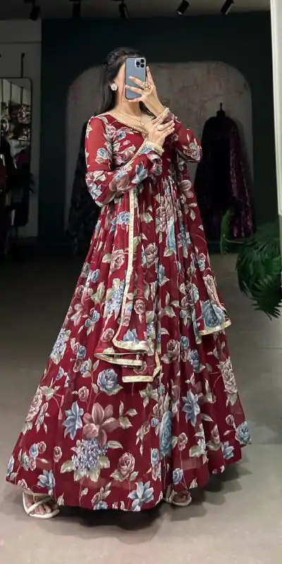 YNF 5103 Maroon Color Marble Floral Print Lace Touch Up Gown Casual, Wedding, Party, Festive, Events Etc. Expected Delivery 4-6 Working Days @1799/- | Gowns, Bollywood Gowns, Creative Gowns, Designer Gowns, Embroidered Gowns, Party Wear Gowns